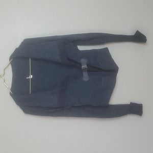 Margaret O'Leary Blue Ribber Cotton Cardigan Sweater With Leather Strap Small